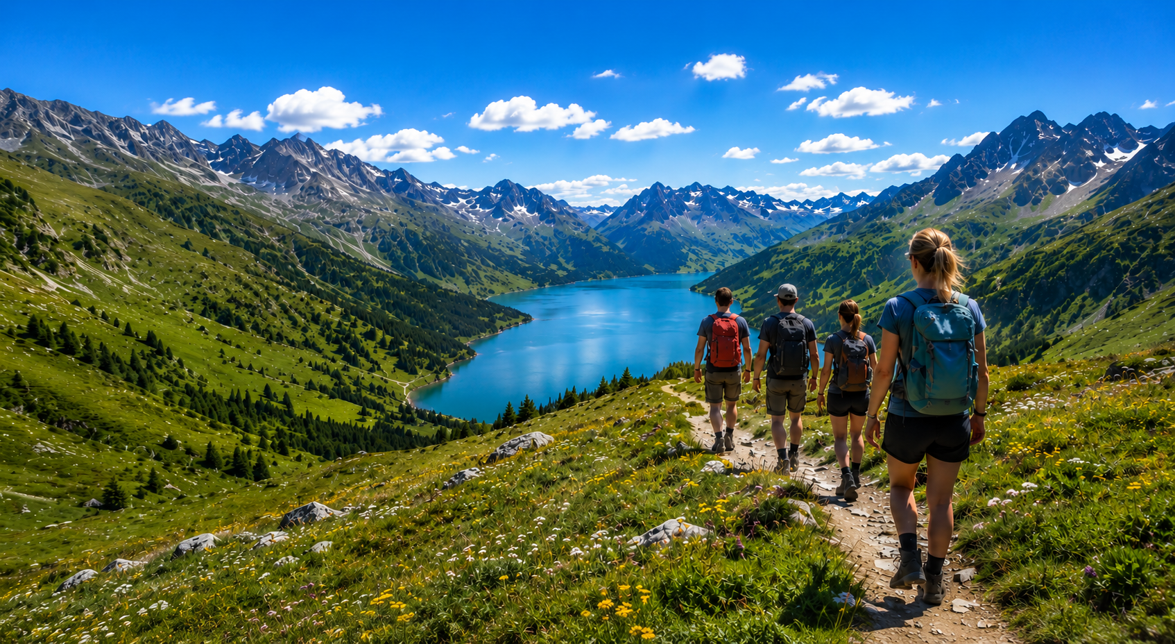 Wandergruppe auf einem Bergweg über einem türkisfarbenen Bergsee in den sommerlichen Alpen